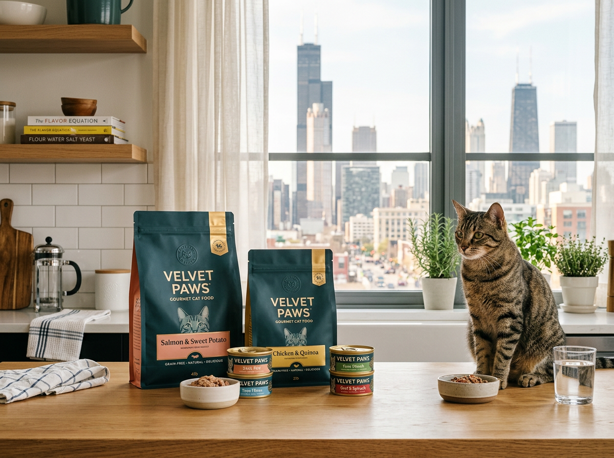 Premium cat food packaging in a bright Chicago apartment kitchen with a healthy cat nearby
